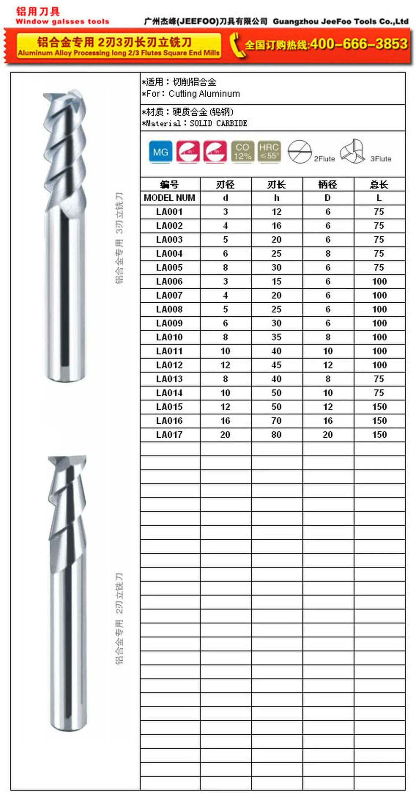 LA aluminum alloy processing 2 and 3 flutes square end mills size chart