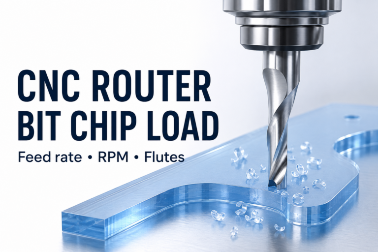 CNC router bit chip load illustration showing a silver cutter and chips above a blue acrylic sheet