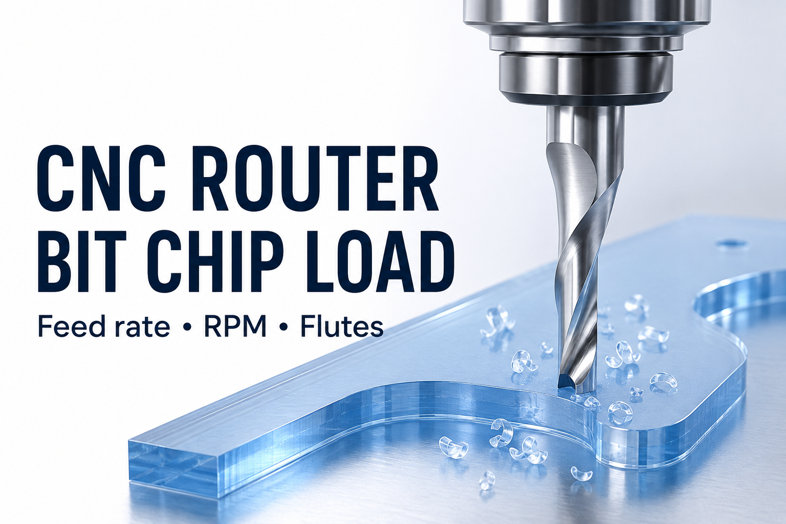 CNC router bit chip load illustration showing a silver cutter and chips above a blue acrylic sheet