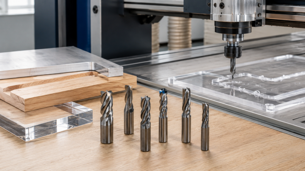 CNC router bits for acrylic, wood, and aluminum material selection