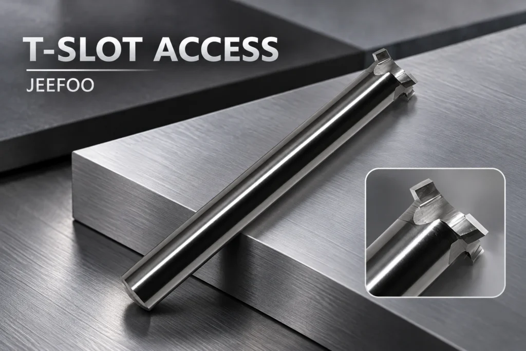 JEEFOO aluminum T-slot cutter on an aluminum block with a close-up of the cutting head
