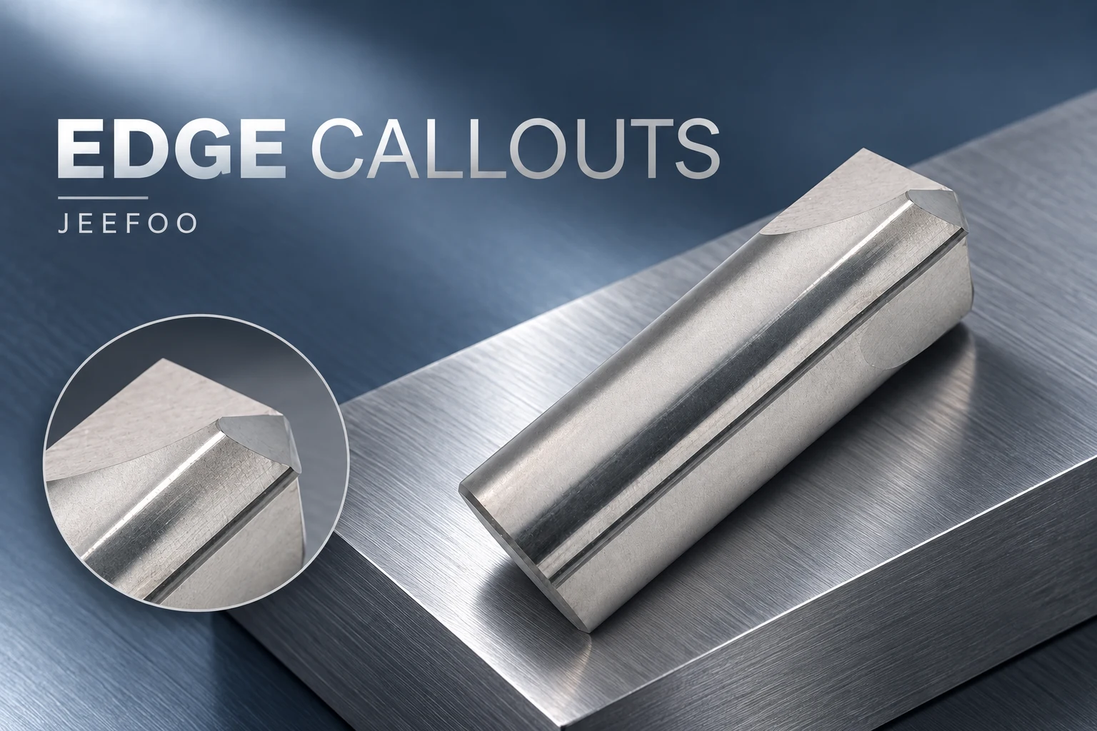 JEEFOO aluminum chamfer cutter on an aluminum block with an enlarged view of its cutting edge
