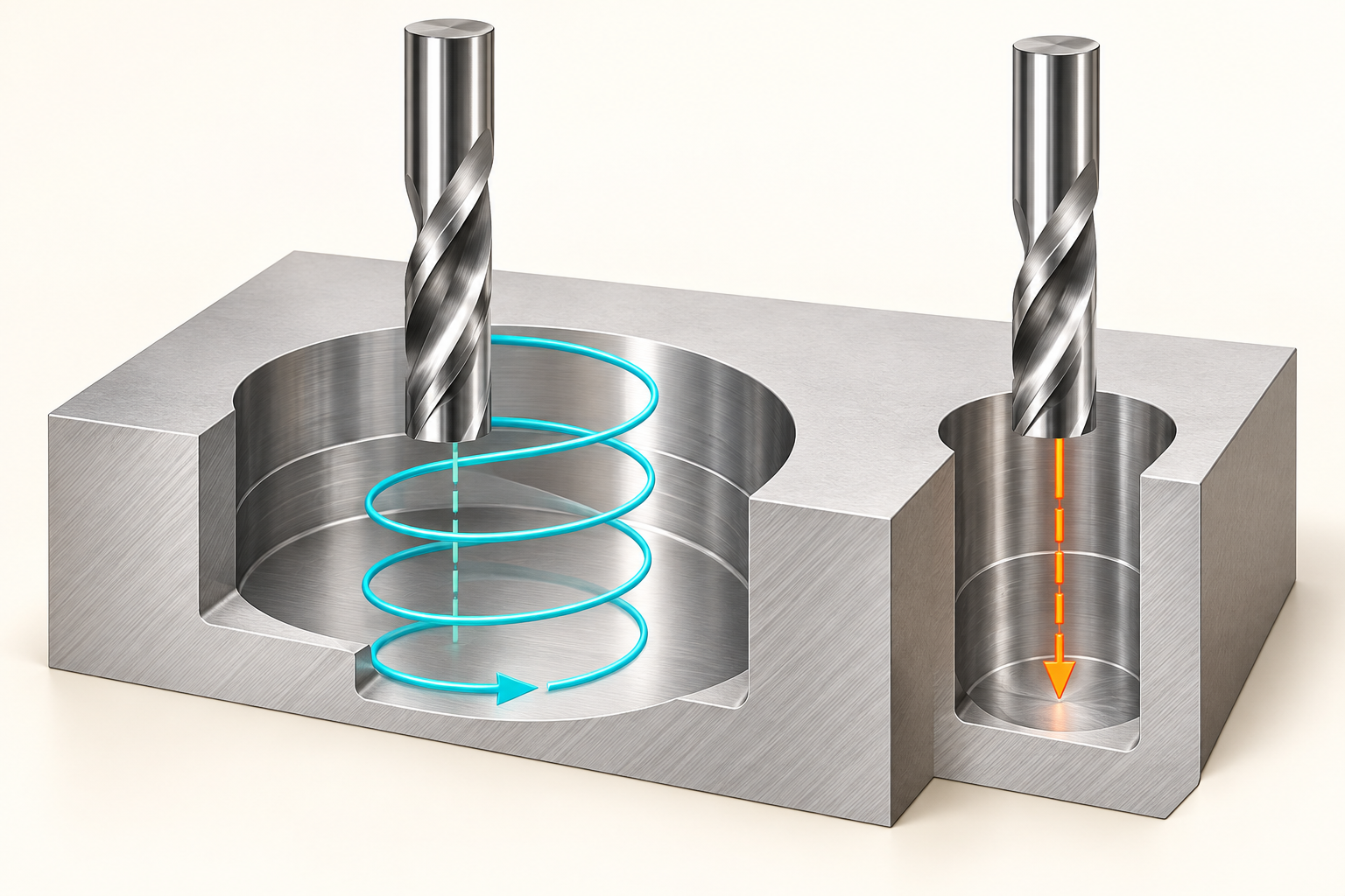 CNC ramp entry schematic comparing a helical tool-center path with a straight axial plunge