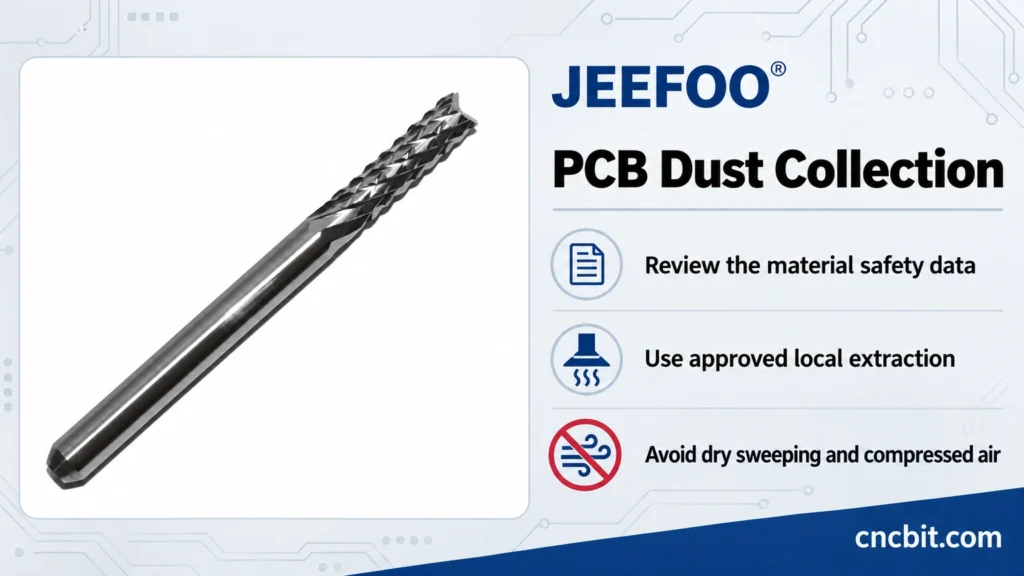 PCB dust collection checklist showing a JEEFOO router bit, material safety data, local extraction, and cleanup precautions