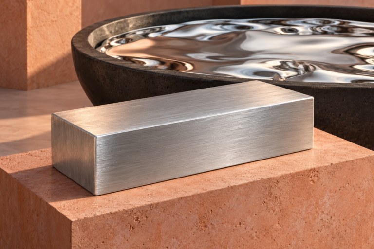 Aluminum remelting concept: a solid billet beside reflective molten metal, showing shape change rather than a chemical reset.