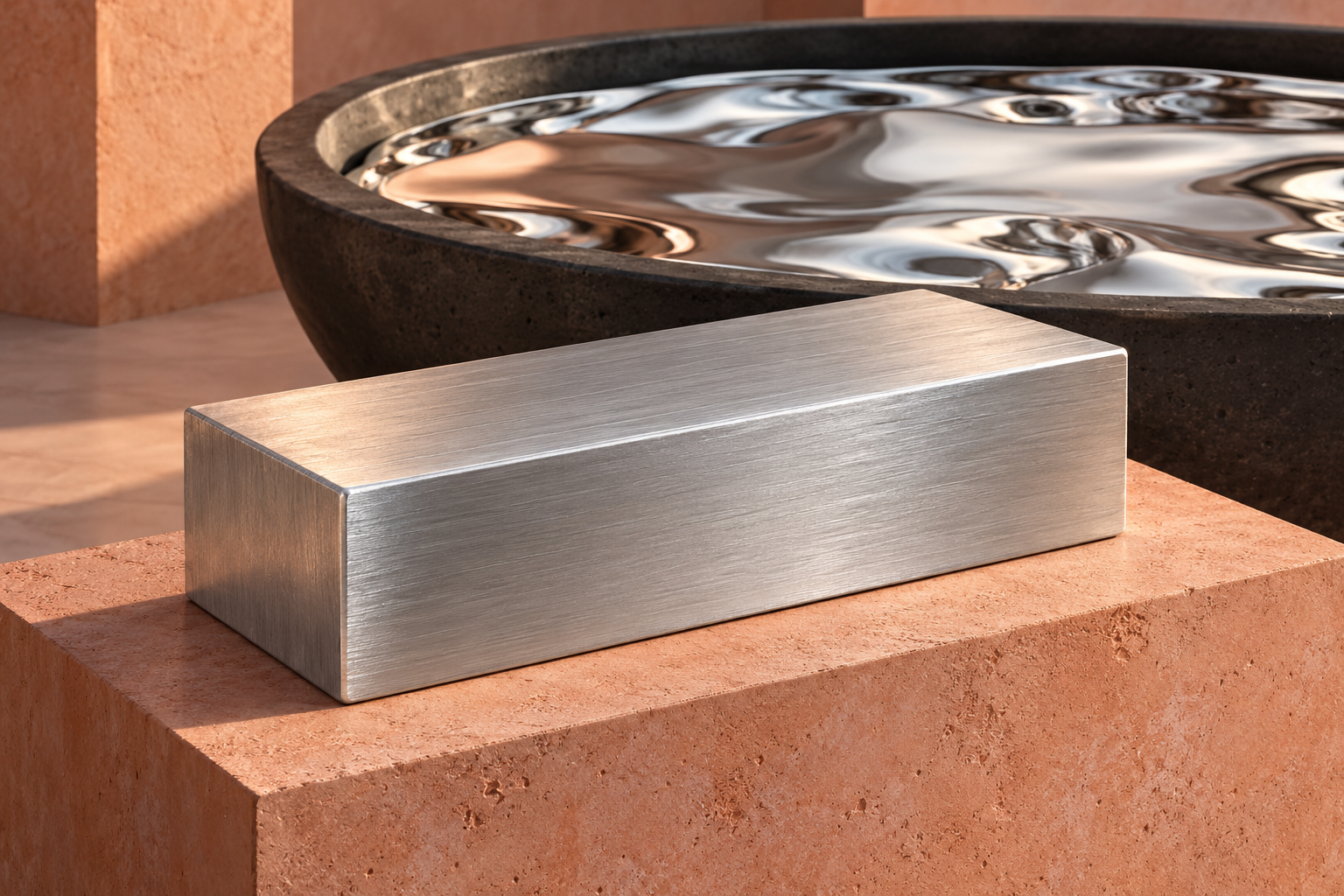 Original conceptual illustration of an aluminum billet beside a reflective molten-metal surface, representing shape change rather than a chemical reset.