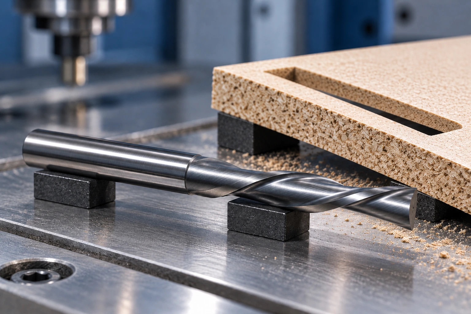 Down-cut router bits guide showing a spiral cutter beside a through-cut panel and exposed core
